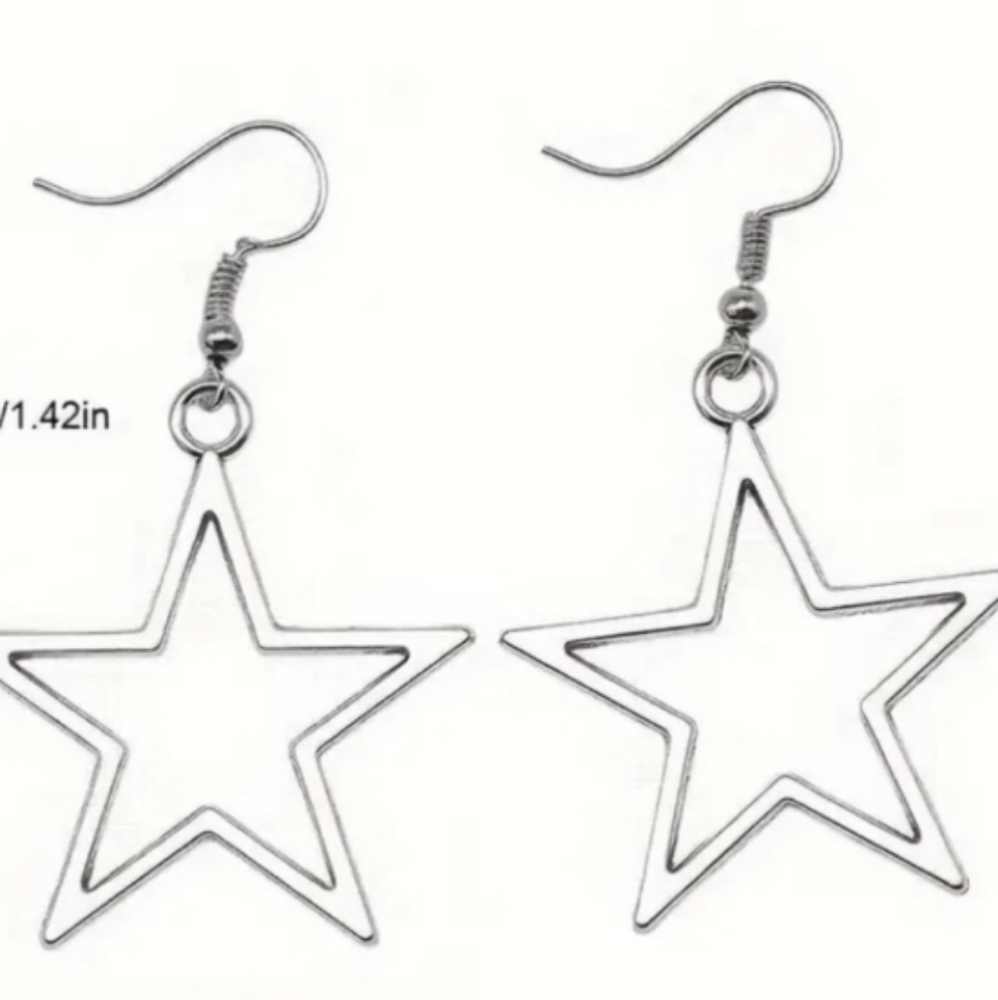 Star Earrings Silver Dangle Drop  Stainless Steel Pierced Earwires NEW Package